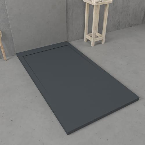 VAROBATH | Plato de Ducha URBANSTONE – Material Resina con Carga Mineral y Textura Pizarra Antideslizante C3 – Incluye Válvula Desagüe y Rejilla (Gris Antracita RAL7016, 70x150)