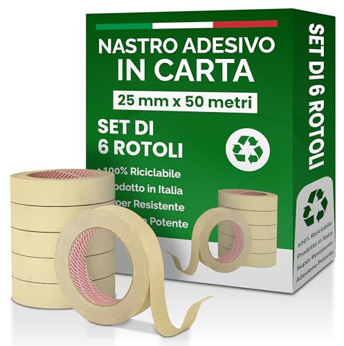 Nipa | Set 6 Rotoli Nastro Carta per Mascheratura Professionale, 25mm x 50m – Nastro Adesivo Carta di Alta Qualità per Imbianchini, Verniciatura, Protezione Superfici, Fai da Te, Resistente e Preciso