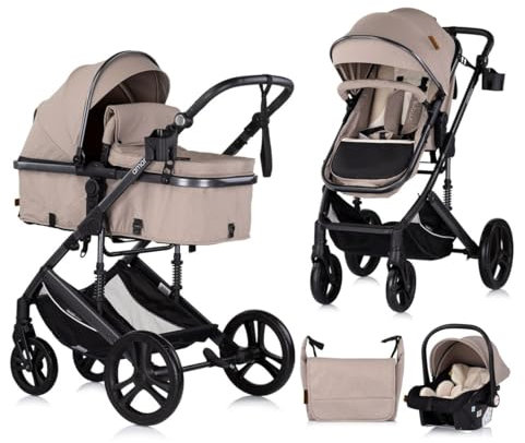 Chipolino Kinderwagen 3 in 1 Amore Babyschale Adapter Wickeltasche Fußabdeckung hellbraun
