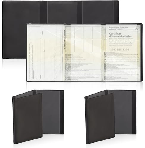 jiawaggag Lot De 3 Pochette Carte Grise et Assurance - Étui Protection Certificat Immatriculation - Pochette Transparente Plastique pour Documents Voiture Moto (3, Noire)