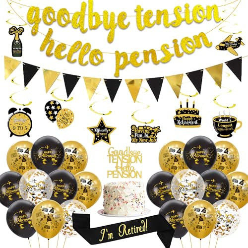 Happy Retirement Decorations Black Gold - Goodbye Tension Hello Pension Banner Swirls Sash Balloons Cake Topper, Retired Party Supplies for Women Men Office Farewell Celebration