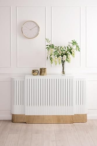 MY Furniture Anastasia Adjustable White Glass Radiator Cover with Brass Finish – Sleek Radiator Cabinet for Bedrooms, Hallways, & Lounges – Toughened Glass with Adjustable Size