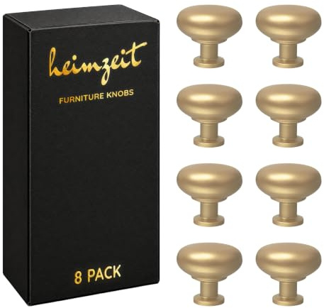 heimzeit Möbelknöpfe Plain 8 Stück aus hochwertigem Aluminium in Gold | Schrankknöpfe Rund für Türen, Schubladen und Kommoden, Stilvolles Design, mit Einlochgriff und Schrauben