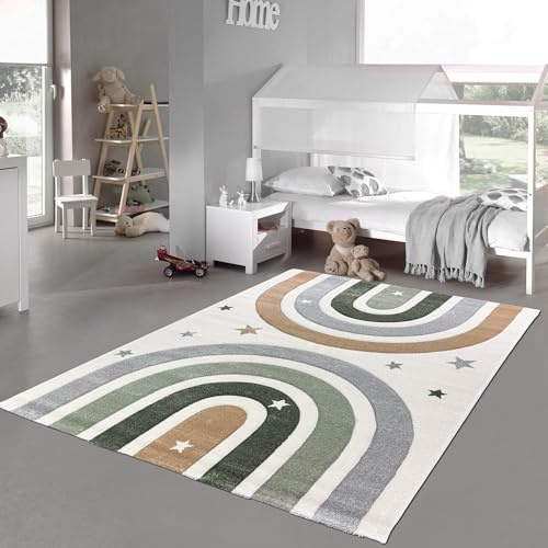 Teppich-Traum Teppich Kinderzimmer Spielzimmer pflegeleicht kuschelig flauschig Regenbogenmuster in Creme Pastell, 140 x 200 cm