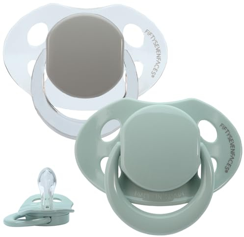 FIFTYSEVENFACES Packung 2 Stück Schnuller Unisex 0-6 Monate, Made in Europe mit Silikonsauger Made in Germany, Beruhigungssauger EN 1400 (Transparent Grün, 6-12 Monate)