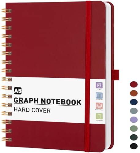 PYNEX Notizbuch A5 Kariert - Spirale Collegeblock With 140 Blatt Weinrot | Hardcover Notebook,100GSM,180°flach,Karopapier (5 mm),14,5 x 21cm