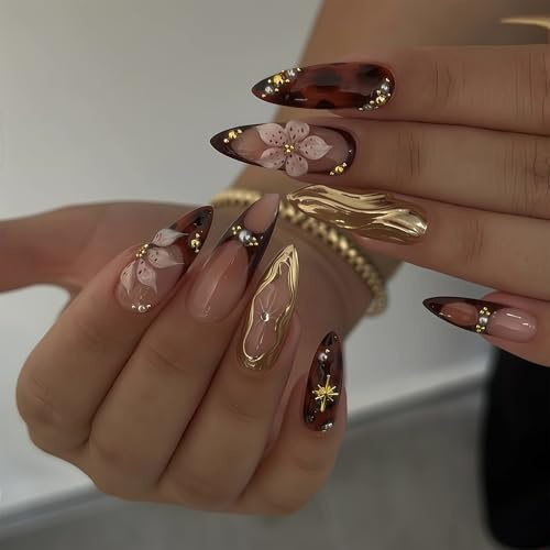 Auroriel 24 Stk Medium Almond Press On Nails Braune Blüten French Maniküre 3D Gold Struktur Stern Acryl Kunstnägel Zum Nails Set Für Frauen Maniküre