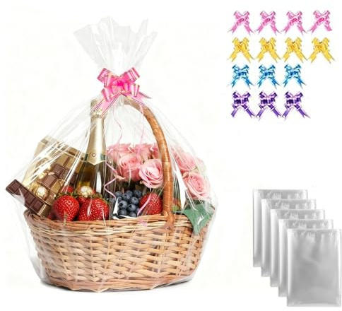 Extra Large Cellophane Wrap Bags For Hampers, Pack Of 14(50-70CM) Hamper Basket Clear Plastic Gift Bags For Present Packaging, Hamper Wrapping Cellophane With 14 Pull Bows