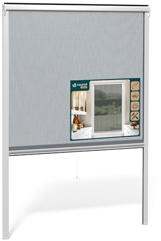 VOUNOT® Zanzariera a Rullo Riducibile per Finestra in PVC, Zanzariera Scorrevole Verticale con Rete in Fibra di Vetro, Tagliabile e Facile da Installare, 130 x 160 cm, Bianco