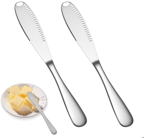 Dekorinex 2 Piezas Cuchillo de Mantequilla de Acero Inoxidable de 20,5 cm | Esparcidor de Mantequilla, con Borde Dentado y Estructura Ranurada, para Mermelada, Nata, Tarta, Queso, Frutas, Verduras