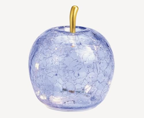 Seyila Home Dekorative Glas Apfel Leuchte mit LED Beleuchtung und Timer (unten), Crackle-Effekt Glas, Goldener Stiel, Weihnachtsdeko, Lampe (Hell Lila, 16 cm)