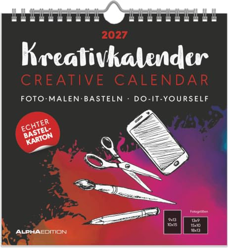 Kreativkalender M schwarz 2027: Bastelkalender 21x22 cm mit schwarzem Hintergrund, echtem Bastelkarton und gestaltbarem Titelblatt