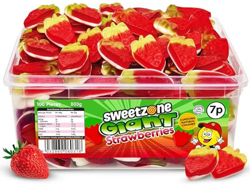 Sweetzone Giant Strawberry Gummy Sweets 800g - 100pcs Tub of Sweets - Retro Sweets Gummy Strawberries - Halal Sweets, Bulk Sweets