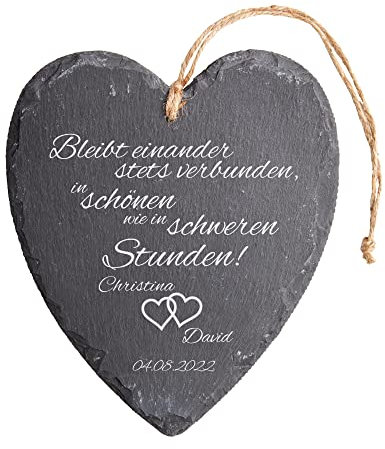 Casa Vivente Schieferherz mit Gravur zur Hochzeit, Motiv Herzen, Personalisiert mit Namen und Datum, Hochzeitsgeschenke für Brautpaar