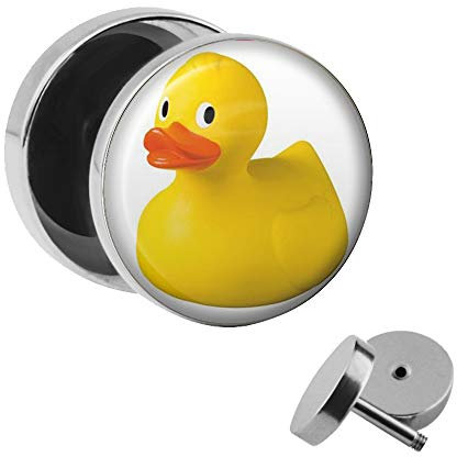 Treuheld | Ohrstecker zum Schrauben - Gelbe Bade-Ente/Gelbes Entchen - schwarz-weiß - Ø 10mm Silber - Motiv Fake-Plug Edel-Stahl Ohr-Ringe - Chirurgen-Stahl 316L Fake-Tunnel - Gewinde Ohr-Stecker