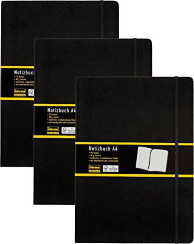 3 Stück Idena 209280 - Notizbuch DIN A4, 192 Seiten, 80 g/m², kariert, schwarz