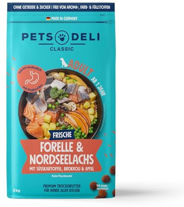 Pets Deli Trockenfutter für Hunde Forelle & Nordseelachs mit Süßkartoffel, Brokkoli & Apfel - ohne Zucker und Gluten, 2kg