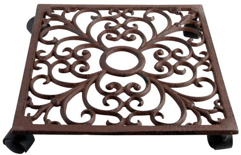 2 Stück Esschert Design Pflanzenroller, Blumenroller aus Gusseisen, in rostbraun, quadratisch, ca. 28 cm x 28 cm