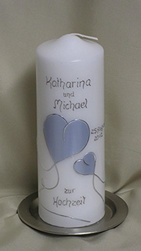 Hochzeitskerze mit hellblauen Herzen in 20 x 7 cm ; inkl. Beschriftung ! H 20