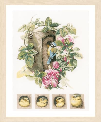 LANARTE Kreuzstich Stickpackungen Gezählter Kreuzstichbilder Set VOGELHAUS MIT ROSEN Wanddekoration Handarbeit Set für Erwachsene 29 x 35 cm DIY Deko Bastelset Handwerker Kreative Geschenkset