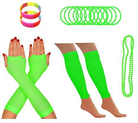 REDSTAR FANCY DRESS® Neon 1980s Party Outfit - Leg Warmers Fishnet Gloves Necklace Beads Gummies Neon Wristband (Green)