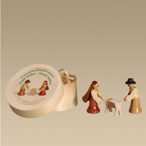 Rudolphs Schatzkiste Holzdekoration Spanschachtel Geburt Spandose ca. Ø 6cm,Figurenhöhe 3,5cm NEU Spielzeug Dekoration Holz Spandose Holzdose Seiffen Holzspielzeug Erzgebirge Tischdekoration