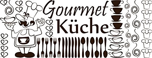 GRAZDesign Wandtattoo Küche Koch mit Besteck | Größe 149x57cm | mehrteiliges Set, Wandaufkleber für Wand, Schrank, Klebefolie Küchentattoo Gourmet Küche - Wanddeko Ideen Tasse in braun