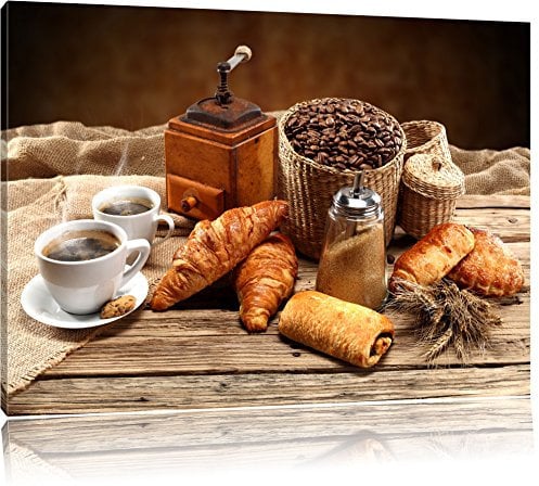 Pixxprint Aromatischer Kaffee mit Croissant, Größe: 60x40cm, Leinwandbild, fertig gespannt, Wandbild, Dekoration, Kunstdruck, kein Poster
