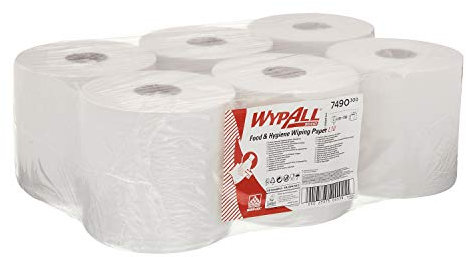 Essuyeurs en papier WypAll L10 Hygiène & Surfaces Alimentaires 7490 - Rouleau à dévidage central pour les distributeurs Roll Control et ReachPlus - 6 rouleaux de 630 essuyeurs en papier blancs
