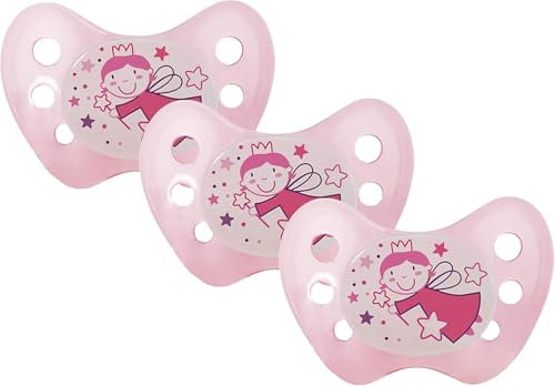 dentistar Night Silikon Schnuller 3er-Set - Größe 2, 6-14 Monate - Glow in the Dark Nuckel mit Dentalstufe – BPA-frei – Made in Germany - Fee, Rose