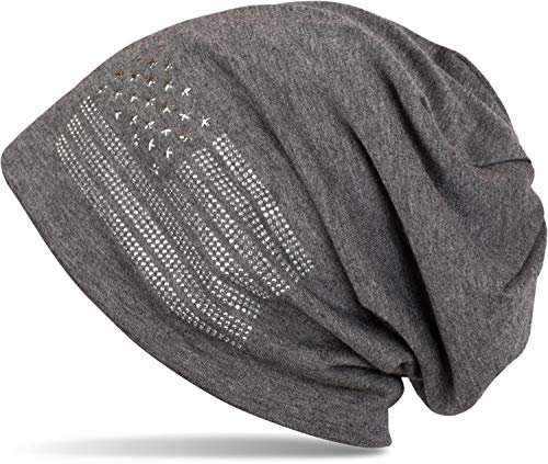 styleBREAKER Beanie Mütze USA Flaggen Design mit Strass-Applikationen, Unisex, Jersey leicht Übergang Frühling Herbst, Farbe:Dunkelgrau meliert