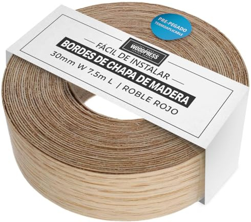 WoodPress® 30mm Roteiche Echtholz-Kantenumleimer zum Aufbügeln 7,5 m | Echtholz-Kantenumleimer mit Schmelzkleber, professionelle Bügelkante für schnelle Möbelreparatur, Schränke und Regale
