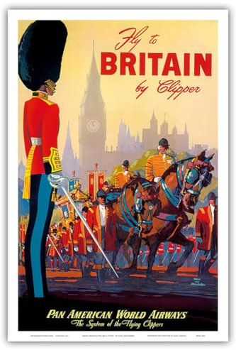 Fly To Britain By Clipper – Pan American World Airways – British Royal Procession – Vintage Airline Travel Poster von Mark Von Arenburg c.1950er – Master Art Print (ungerahmt) 30,5 x 45,7 cm