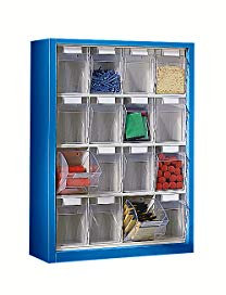 Lockweiler Klappkasten-Hängeschrank - HxBxT 910 x 665 x 250 mm, mit 16 Kästen - Gehäusefarbe enzianblau - Hängeschrank Klappkasten Klarsicht-Magazin Klarsicht-Magazine Klarsichtmagazin Kleinteilemagazin Lagersystem Magazin
