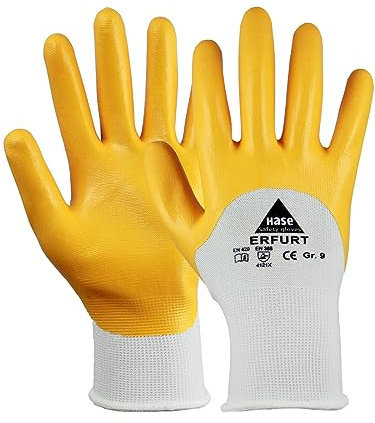 12 Paar - ERFURT, 5-Fg.-Sicherheitshandschuhe Nitril gelb, teilbesch. - HASE - 901300 - Größe 10
