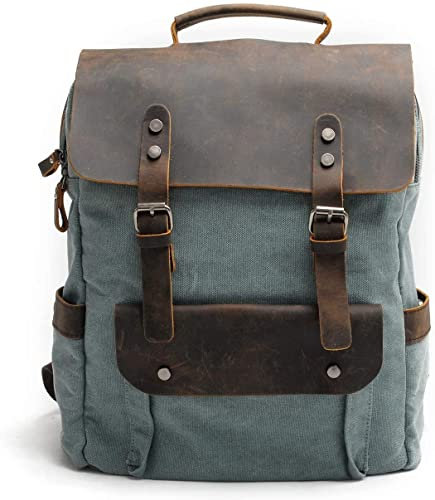 Eysee Daypack Herren Rucksack Canvas mit Leder- Vintage Rucksack Laptoprucksack für 15 Zoll Laptop Unitasche Studententasche Schultasche Reisetasche 2019 NEU (Blau)