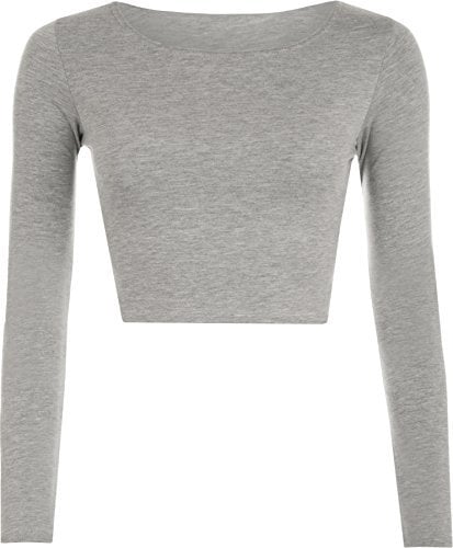 Womens Crop Long Sleeve T Shirt Ladies Short Plain Round Neck Top - Light Grey - 12/14