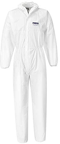 Portwest ST40 BizTex Microporous Coverall Type 5/6 (Pk50) Two-Way Front Zip | White, Large, EN 1149-5, EN 13034, EN 14126, Ergonomically Shaped Hood, Elasticated Waistband, Elasticated Hood, Construction