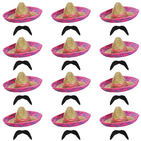 12 x Sombreros de lujo mexicanos bordados rosa – Sombrero de paja grande salvaje del oeste + bigote falso, accesorio de fiesta ideal para la noche de estado, fiesta de playa, verano