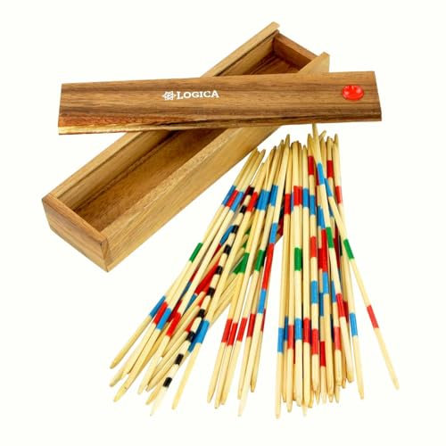 Logica Juegos Art. Mikado - Juego Clasico de Mesa - Caja de Madera de Teca - Palos de Bambú - Versión de Viaje