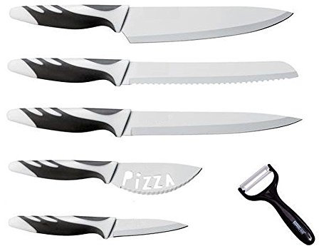 Swissline Swiss Line - Juego de 5 cuchillos de cocina y 1 cuchillo de pan, cuchillo pelador, pelador y cuchillo para pizza