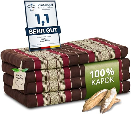 livasia Nachhaltige Klappmatratze aus Kapok - 200x80x8cm - Gästematratze, Faltbare Matratze für Van, ökologische Yogamatte, klappbares Gästebett, Liege für Garten und Balkon (Weinrot)