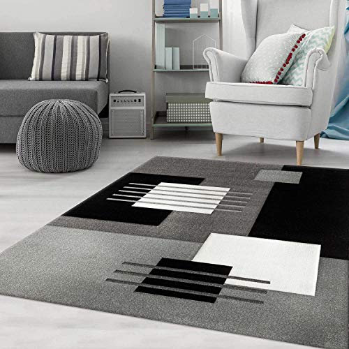 VIMODA Designer Teppich Wohnzimmer Kurzflor dicht gewebt Grau Creme Weiß Schwarz Kariert Linien mit Konturenschnitt, Maße:80 x 150 cm