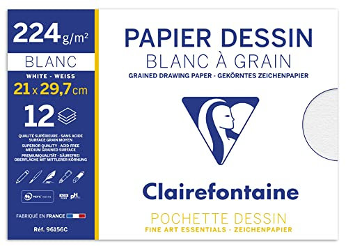 Clairefontaine 96156C Mappe Zeichenpapier (224 g, 21 x 29,7 cm, 12 Bögen, ideal für Kunstunterricht, geleimt) weiß