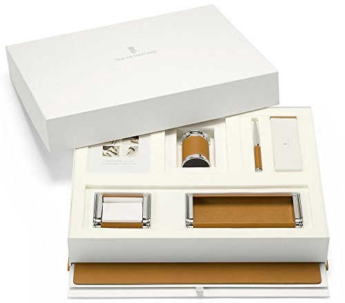 Graf von Faber-Castell - Schreibtischaccessoires Set Cognac | Mit Brieföffner, Zettelbox, Ablageschale, Stifteköcher, Bleistiften und Schreibtischunterlage