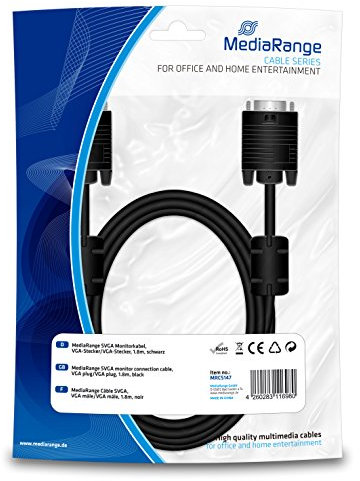 Mediarange 71792 Câble VGA Hd/Db15 Relie PC Moniteur Prise Femelle DB15 Longueur Câble 1,8M Plastique Assorties