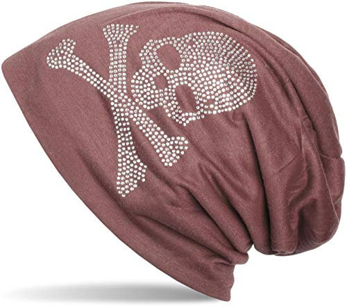 styleBREAKER Klassische Beanie Mütze mit Totenkopf Strass Applikation, Unisex 04024034, Farbe:Altrose dunkel (Rotbraun), Materialart:leicht
