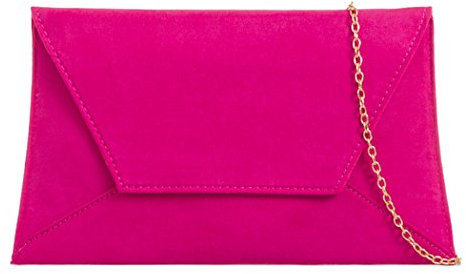 Purple Possum UK Pink Envelope Clutch Bag Slim Cerise Faux Suede Evening Shoulder Bag Ladies Fuchsia Prom Wedding Handbag