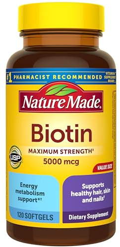 Nature Made Maximum Strength Biotin 5000 mcg Softgels, Biotin Hair Skin and Nails Vitamins Dietary Supplement, 120 Count