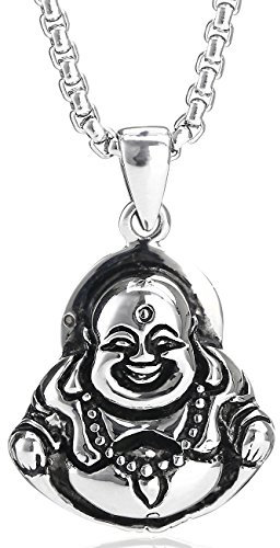 DonDon Herren Halskette Edelstahl 52 cm mit einem Buddha Anhänger Edelstahl und Samtbeutel